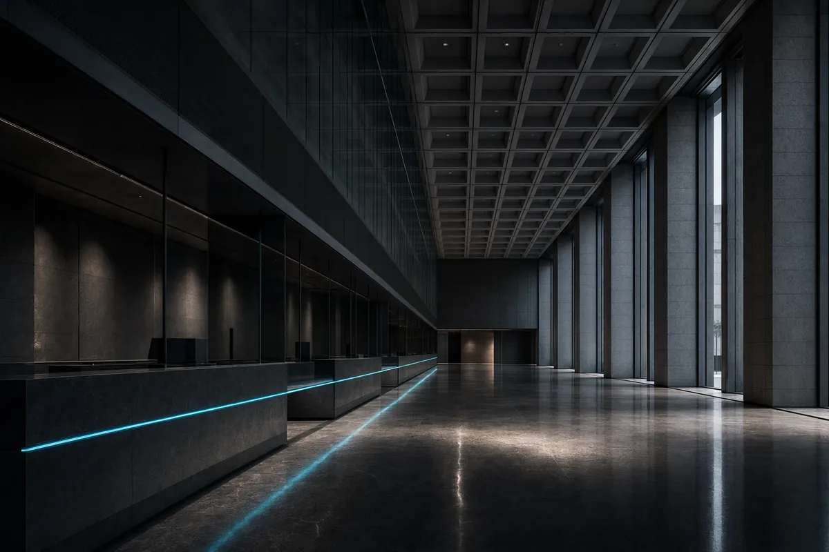 Empty banking hall after hours, stone counters lit by a single cyan line