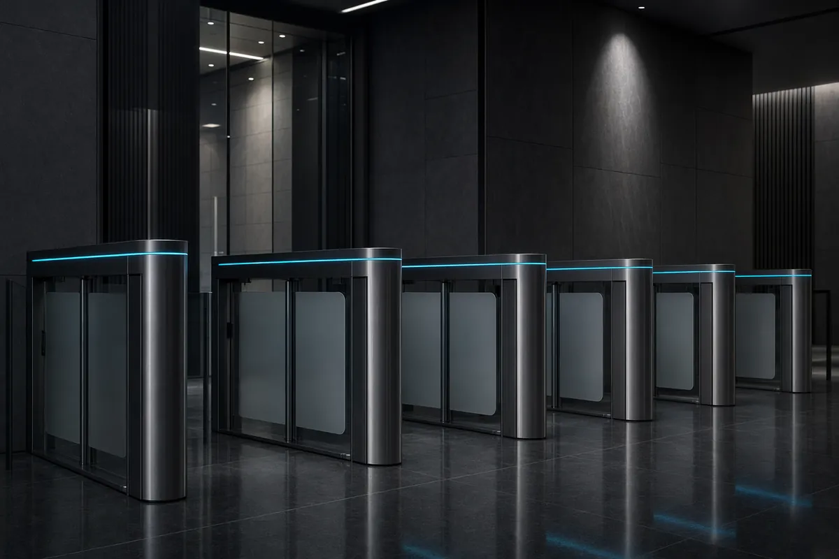 Row of secure speed gates at an empty office entrance, cyan light along the tops