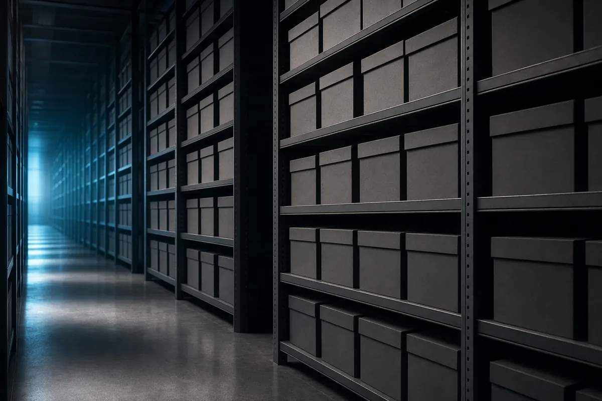 Archive corridor of unlabelled document boxes under cool light